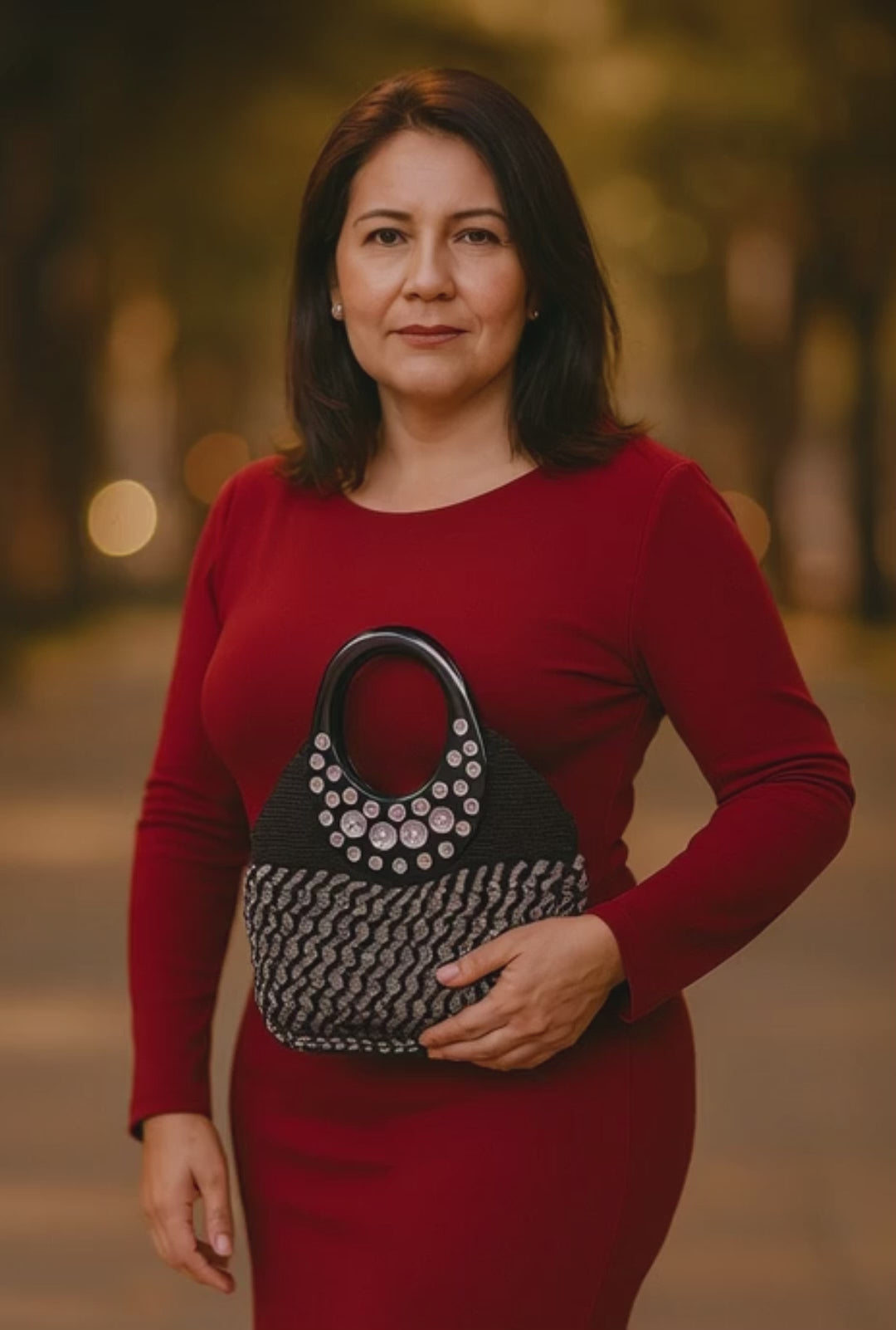 Bolsa de mano negra crochet, gemas brillantes, artesanía mexicana.