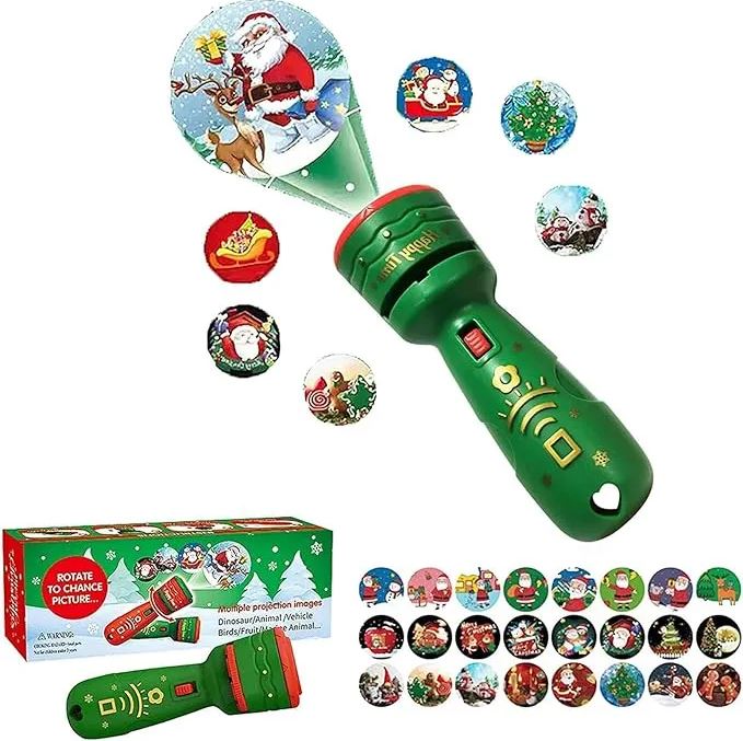 Proyector de juguete navideño que proyecta luces y cuentos infantiles en la pared.