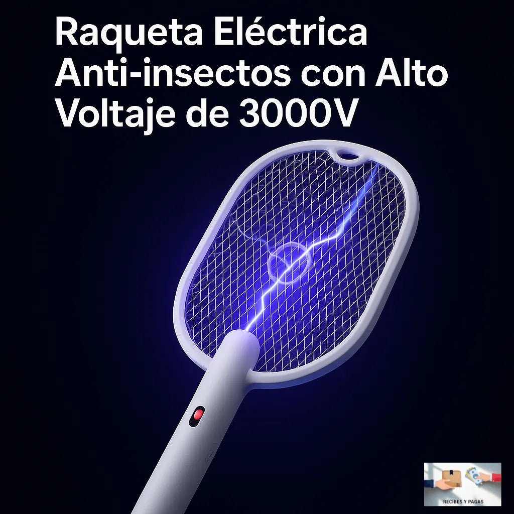Raqueta eléctrica para insectos voladores con alto voltaje (3000V), recargable por USB.