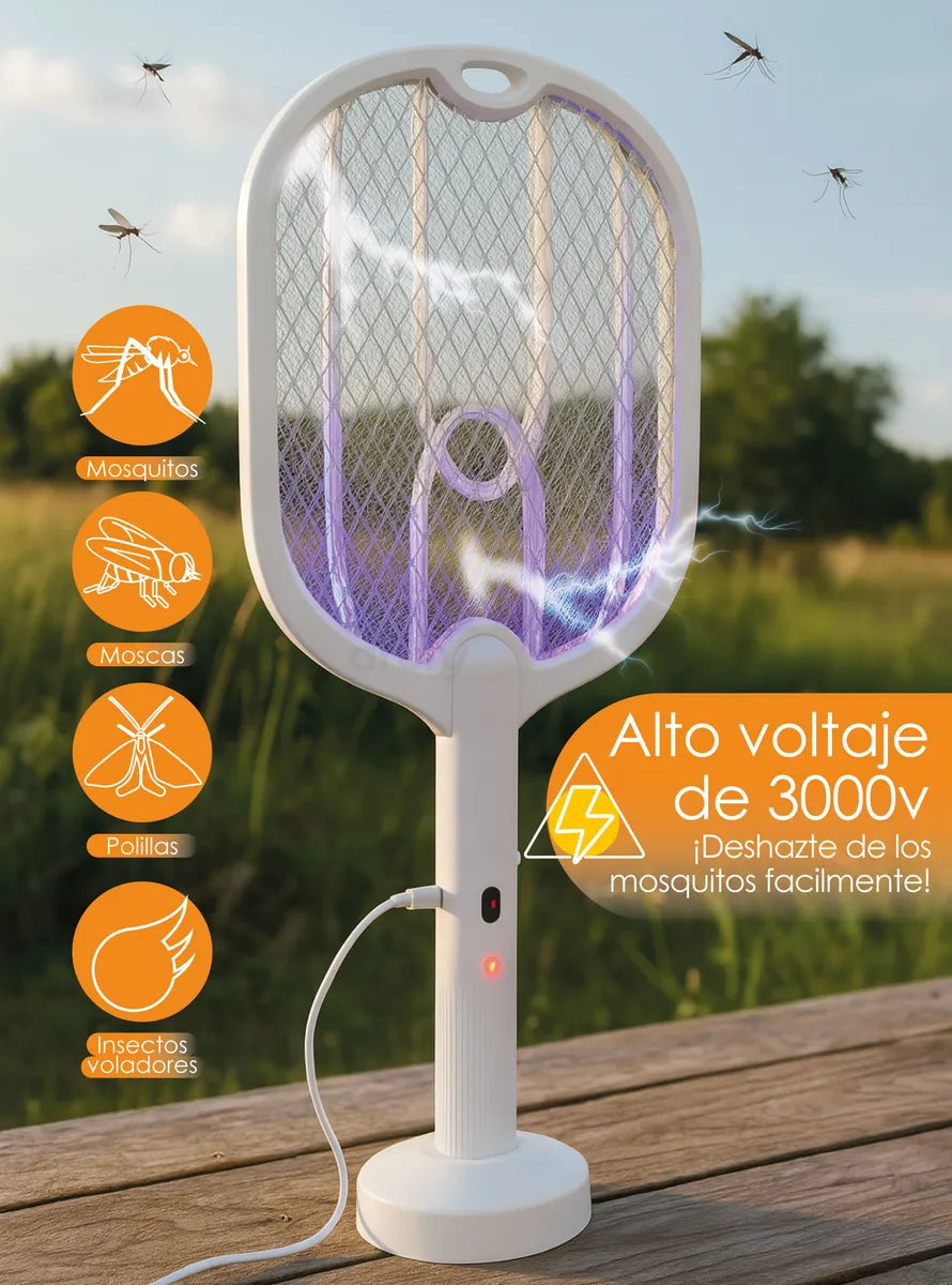 Raqueta eléctrica recargable para controlar bichos voladores, de uso doméstico.