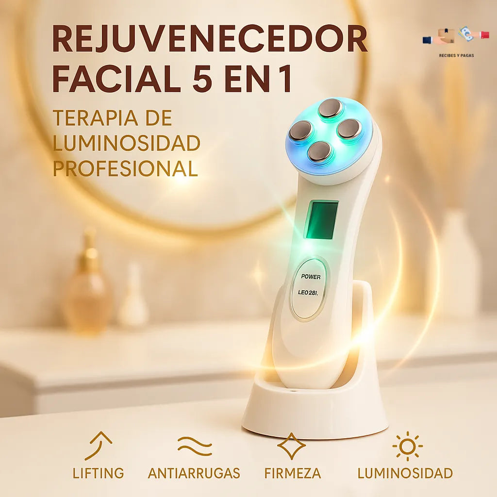 Rejuvenecedor facial 5 en 1, terapia de luminosidad para mejorar la piel.