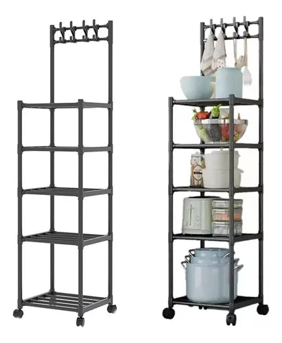 Repisa de almacenamiento movible de 5 pisos, metálica y con ruedas para fácil traslado.
