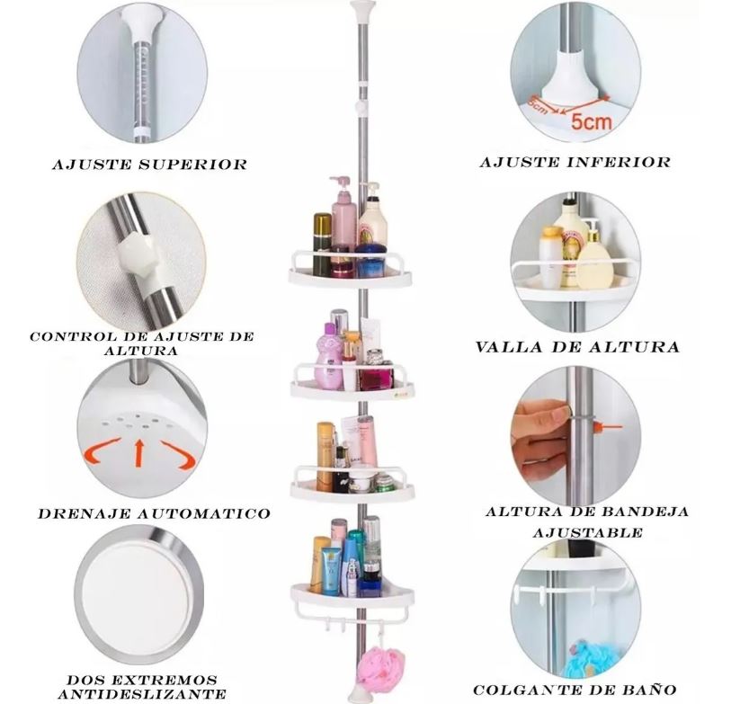 Repisa esquinera de baño telescópica ClariBath, resistente al óxido (acero).