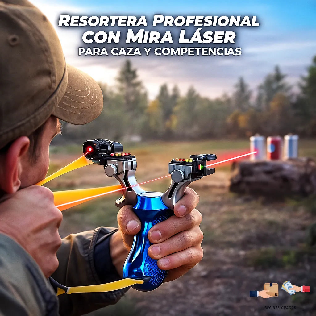 Resortera profesional con mira láser, ideal para caza y competencias.