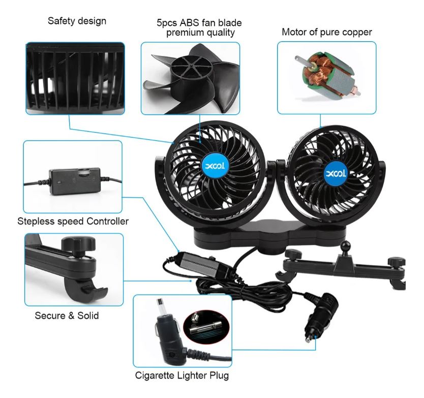 Ventilador de Coche 12V – Enfriamiento Rápido y Bajo Ruido para Pasajeros y Mascotas