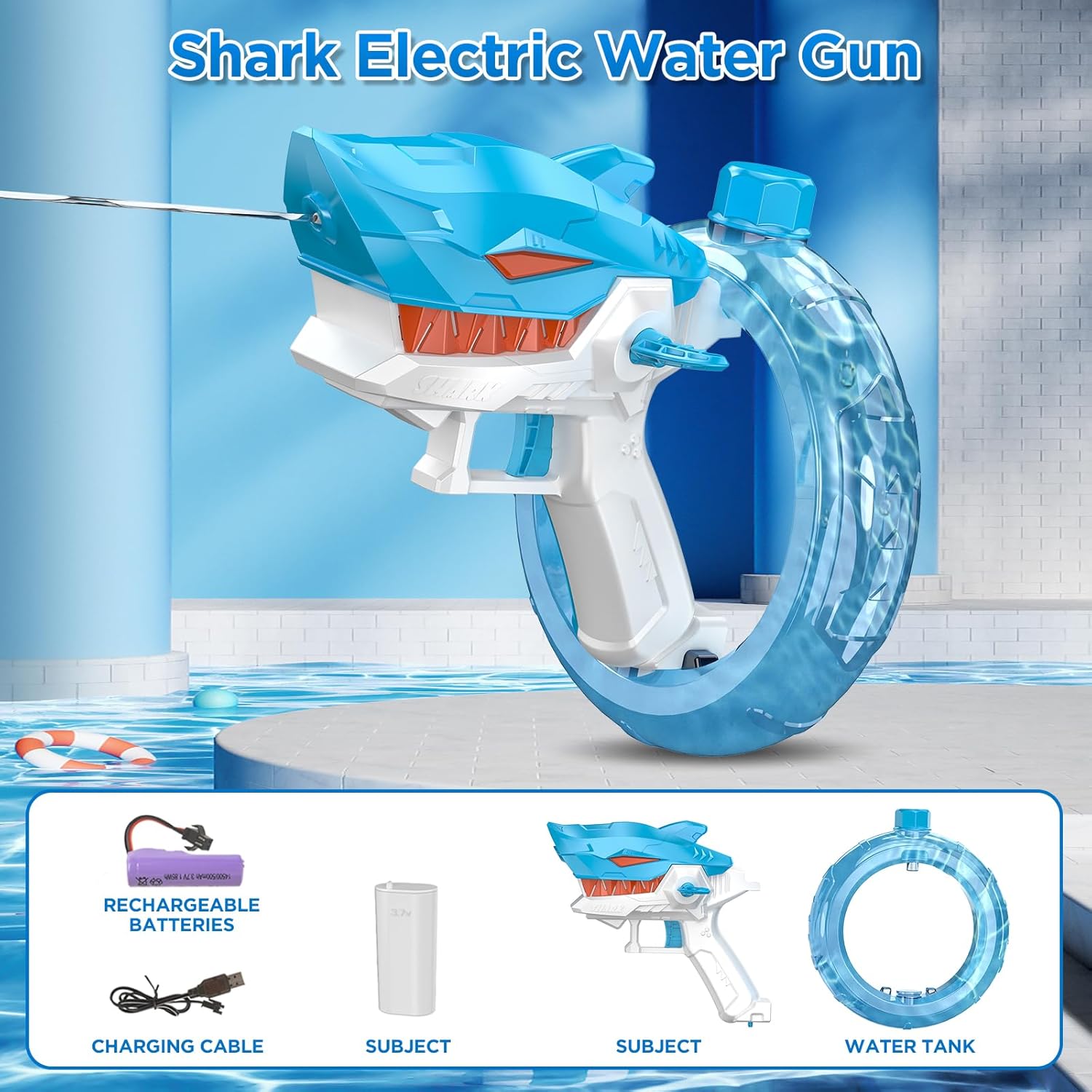Rifle de agua eléctrico de tiburón, seguro, potente y fácil de usar para niños.