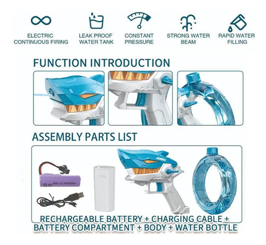 Rifle de agua tiburón eléctrico, perfecto para el verano y juegos acuáticos.