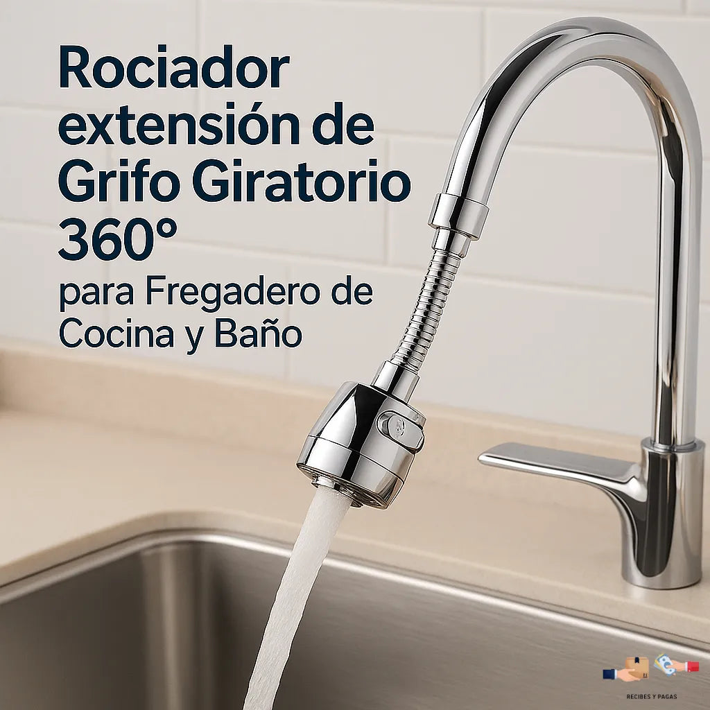 Rociador de grifo con extensión y giro 360°, ideal para fregadero de cocina.