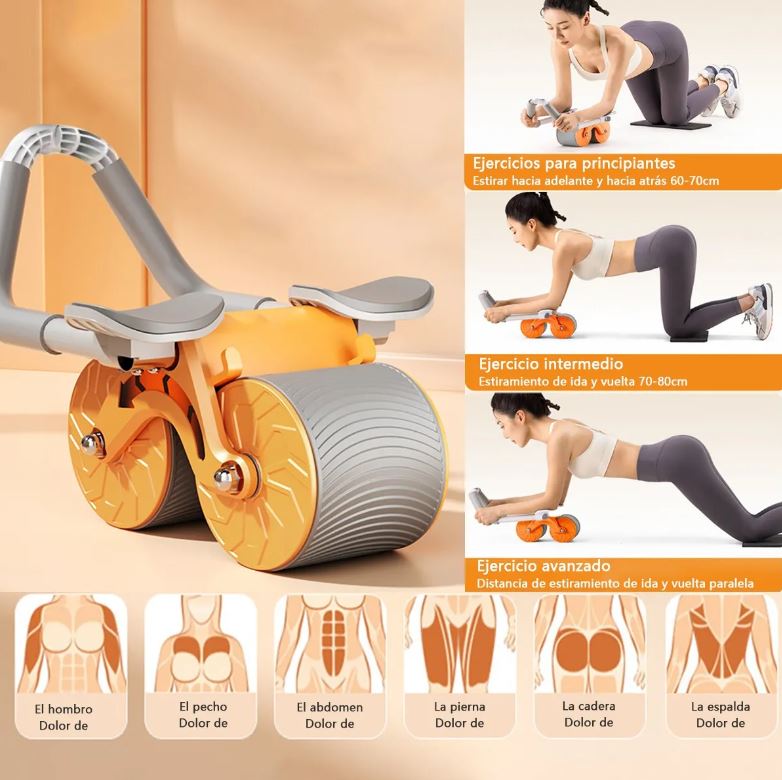 Rueda abdominal con monitor de ejercicio y soporte para celular, gimnasio en casa.