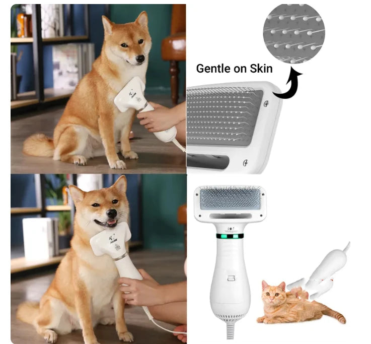 Secador portátil para mascotas con 3 velocidades, opera con bajo nivel de sonido.