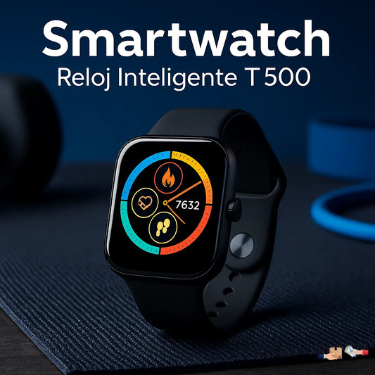 Smartwatch T500 para llamadas y monitoreo de salud: ritmo cardíaco y oxígeno en sangre.
