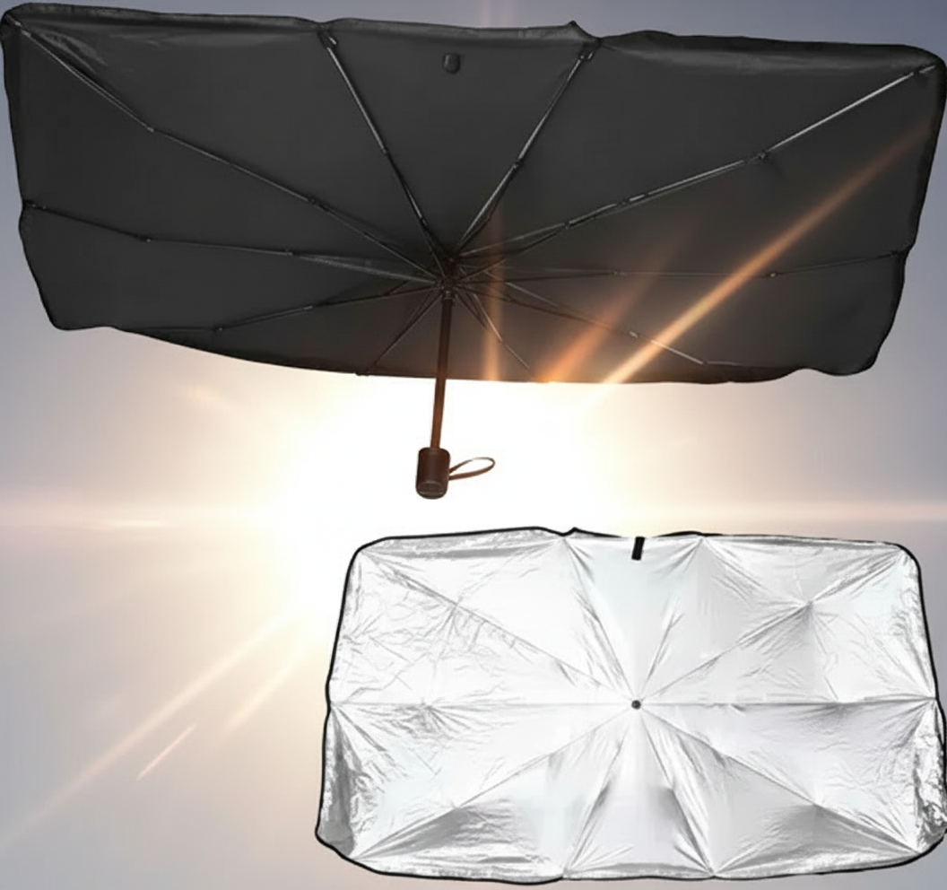 Sombrilla para auto, protector solar UV y mango con martillo de emergencia.