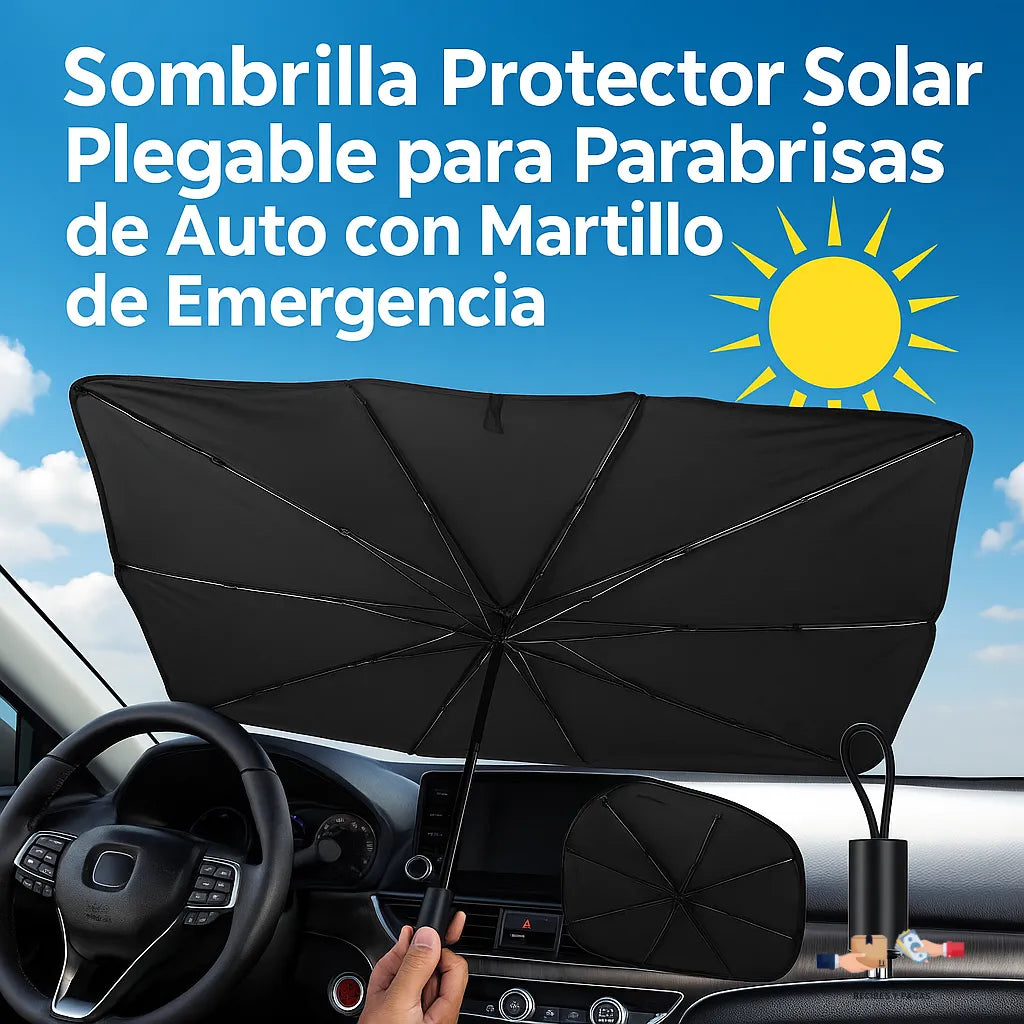 Sombrilla protector solar plegable para parabrisas de auto con martillo de emergencia.
