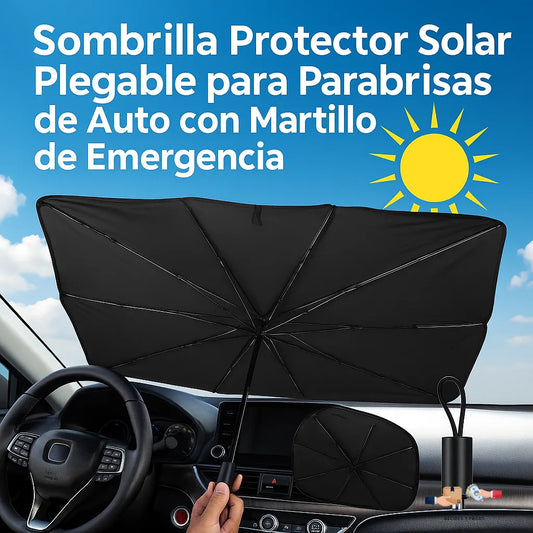 Sombrilla protector solar plegable para parabrisas de auto con martillo de emergencia.
