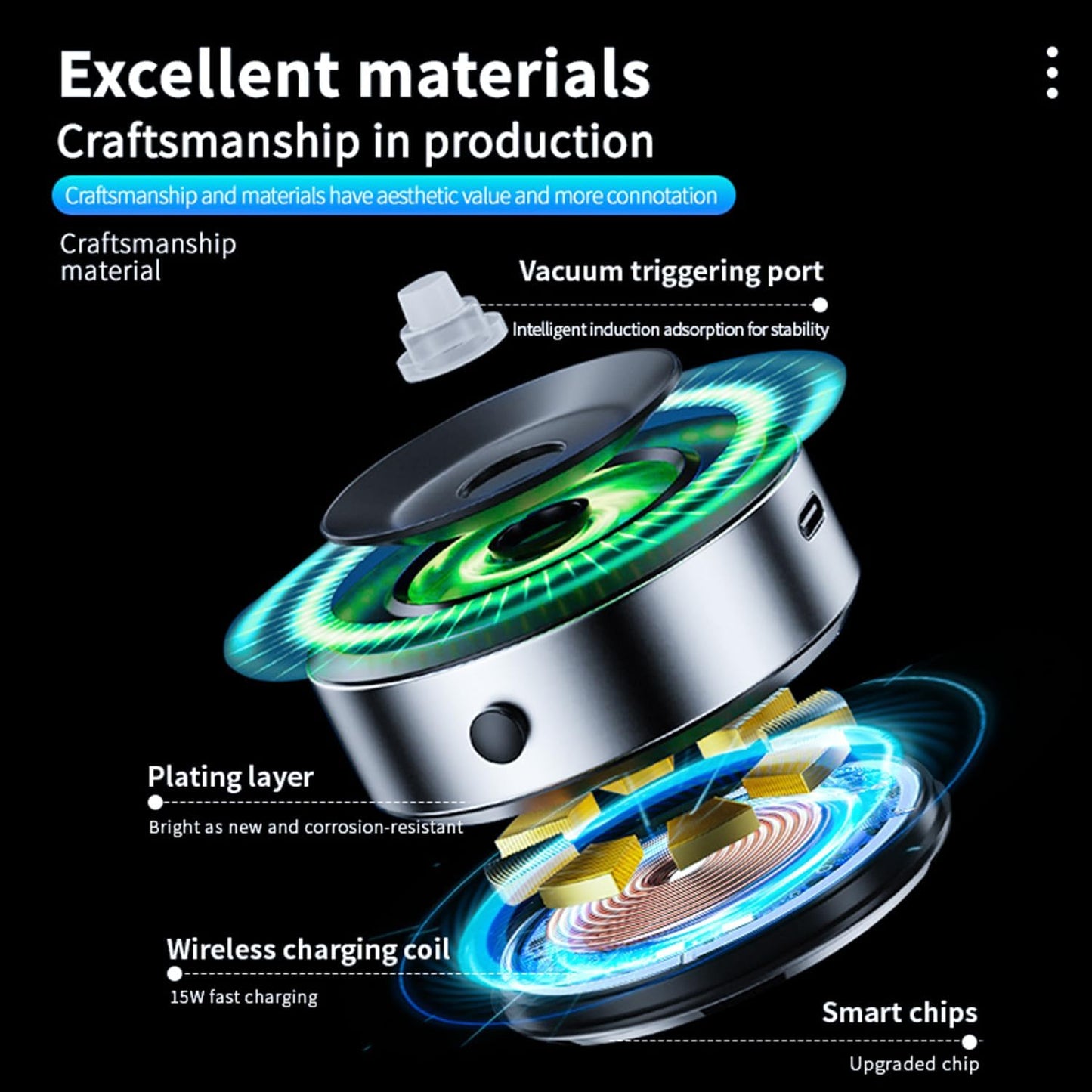 Soporte para celular de auto magnético, succión en tablero, resistente.