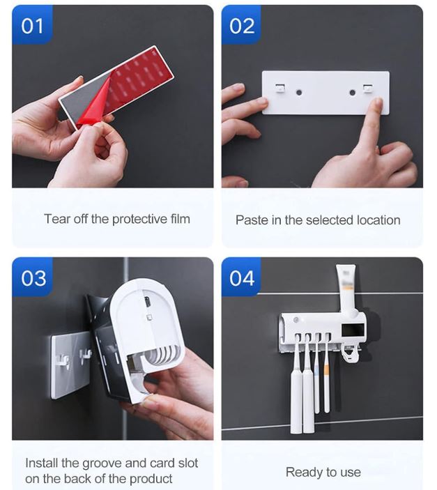 Soporte de cepillos dentales con luz UV, recargable por USB, para el cuarto de baño.