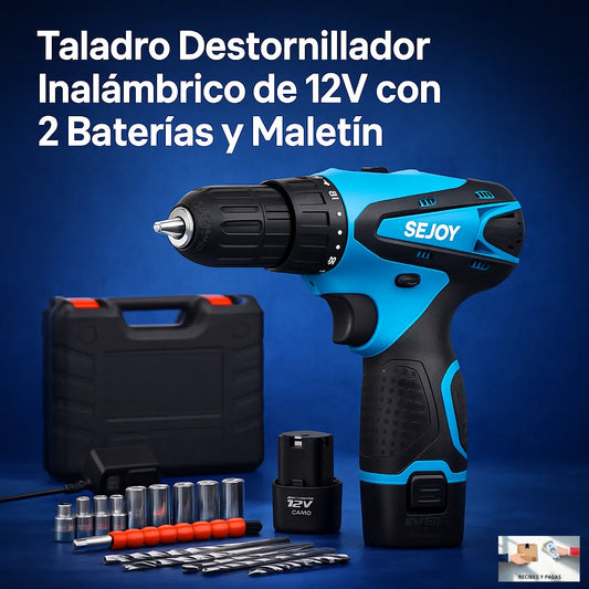 Taladro destornillador inalámbrico de 12V con dos baterías de litio incluidas.