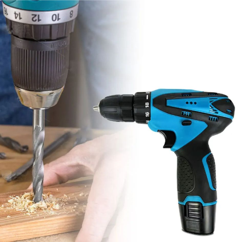 Taladro percutor destornillador 12V, con batería de litio de alta durabilidad.