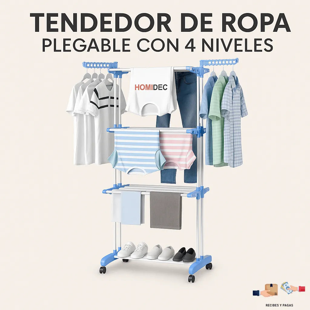 Tendedero de ropa plegable con 4 niveles, portátil, ideal para interiores y balcones.