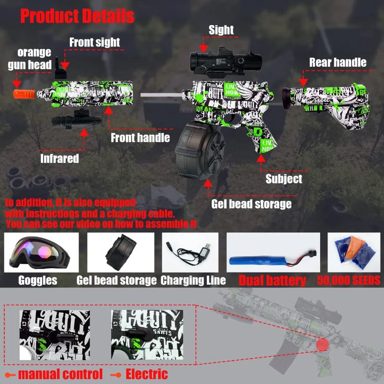 Blaster Hidrogel M416 – Dual Modo de Disparo y 40,000 Perlas de Agua para Juegos al Aire Libre