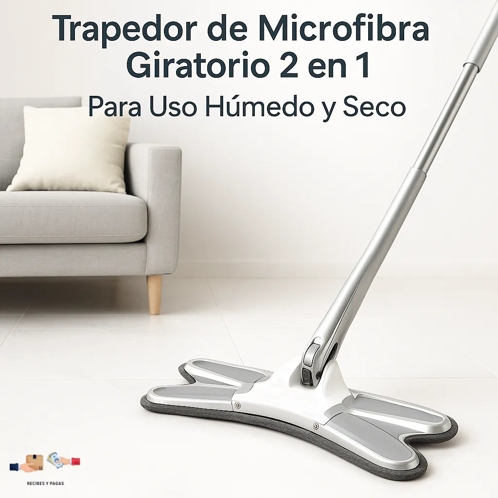 Trapeador de microfibra giratorio 2 en 1, apto para uso húmedo y seco en pisos.