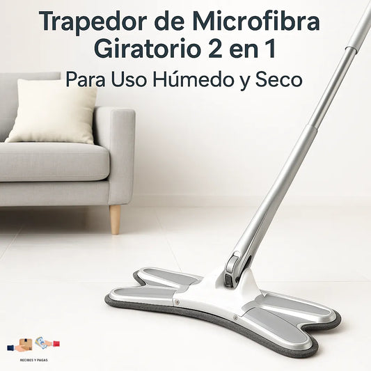 Trapeador de microfibra giratorio 2 en 1, apto para uso húmedo y seco en pisos.