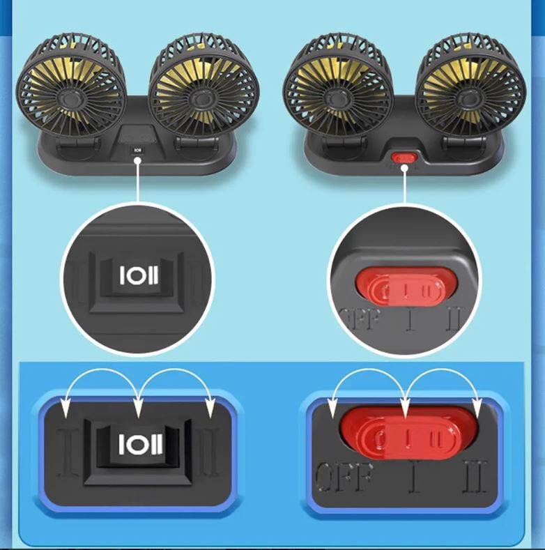 Ventilador para Coche con Doble Cabezal Giratorio 360° y 3 Velocidades