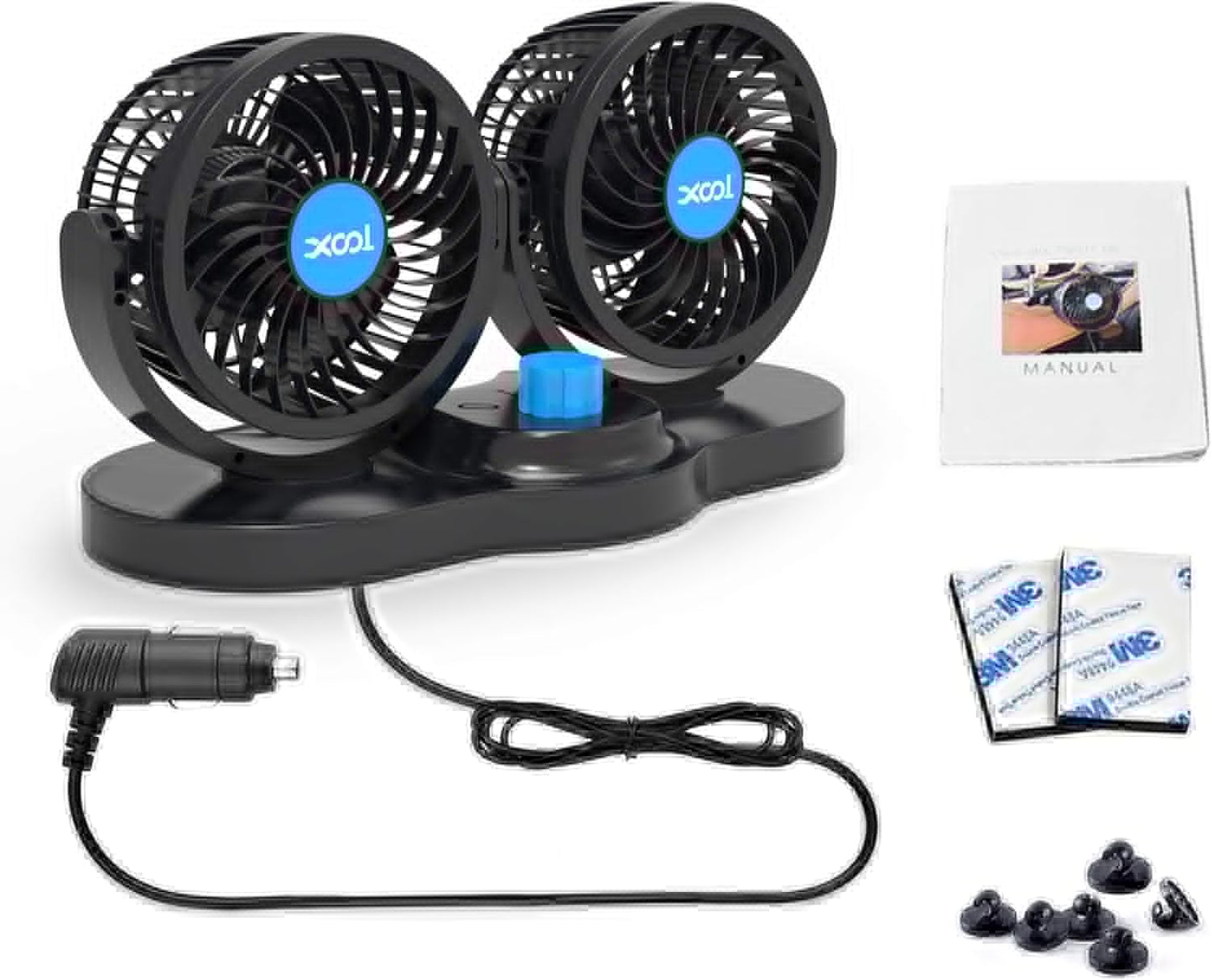 Ventilador de auto XOOL 12V doble, giro 360° y velocidad ajustable.