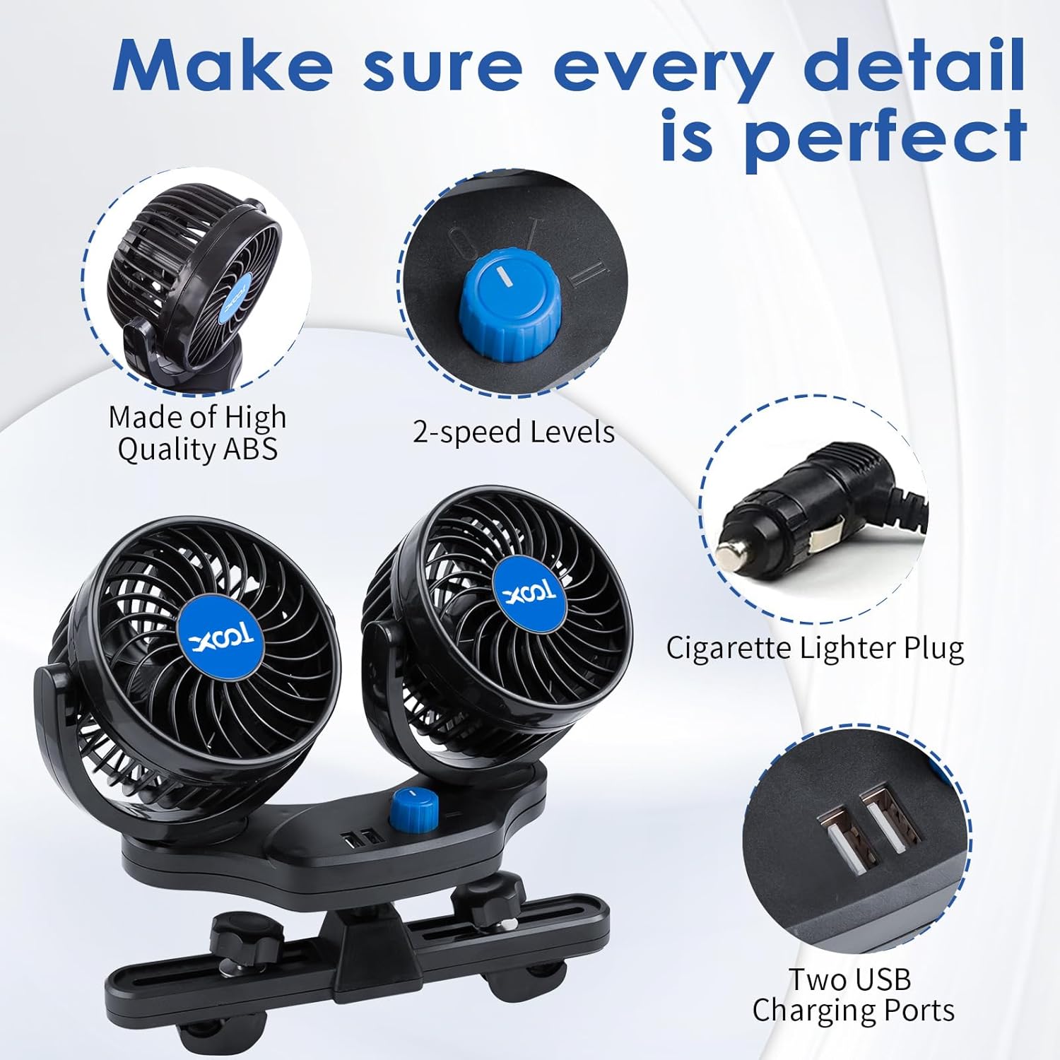 Ventilador de auto XOOL doble 12V, giro 360°, refresca cabina completa.