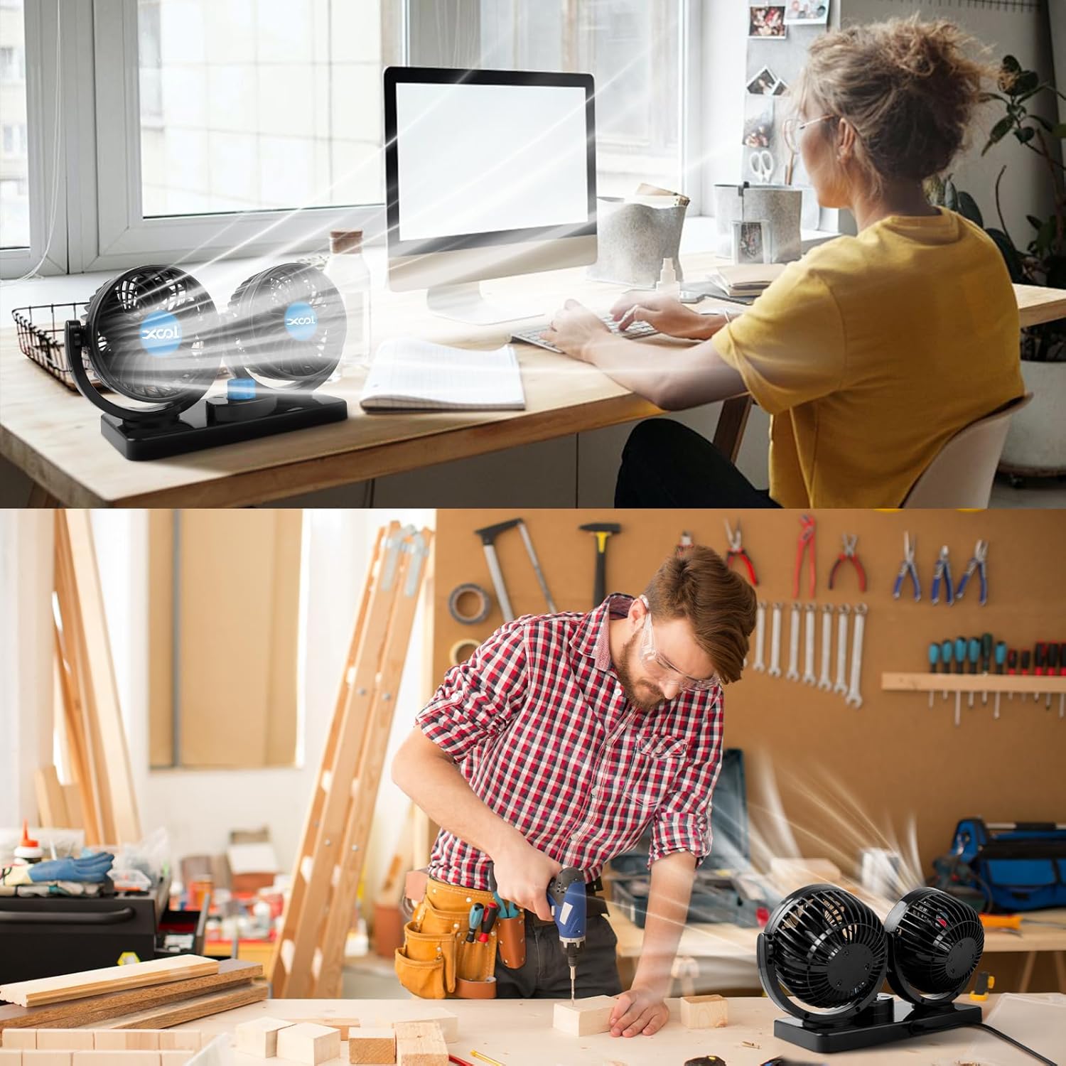 Ventilador de coche 12V XOOL, giro 360°, bajo consumo eléctrico.