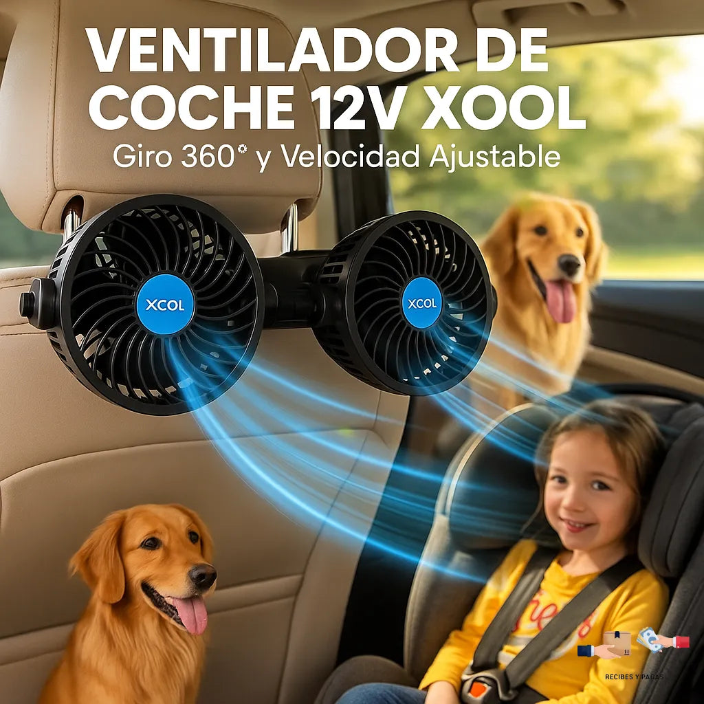 Ventilador de coche 12V XOOL, giro 360°, velocidad ajustable.