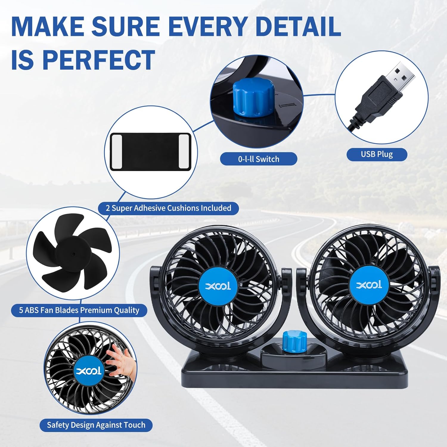 Ventilador de coche 12V XOOL para tablero, velocidad ajustable, potente.