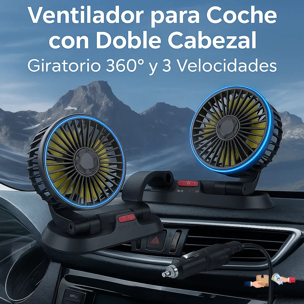 Ventilador para coche con doble cabezal, giro 360° y 3 velocidades, conexión a encendedor.
