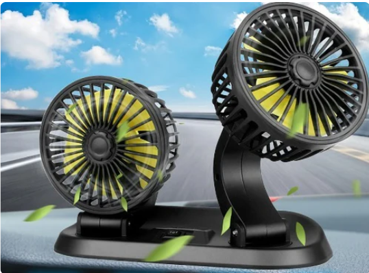 Ventilador doble para auto con rotación 360 grados y tres velocidades, silencioso.