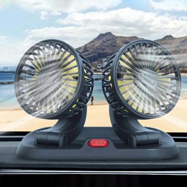 Ventilador doble para coche giratorio 360°, bajo ruido, conector de 12V.