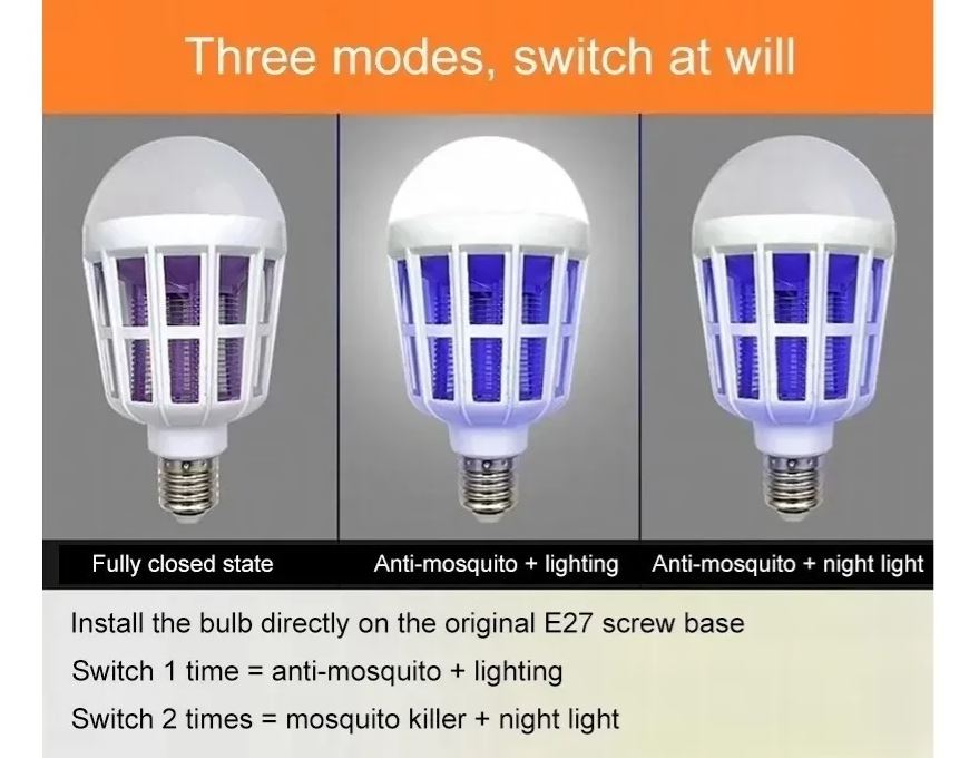 Lámpara Foco LED Antimosquitos 2 en 1 con Luz Ultravioleta y Eléctrica